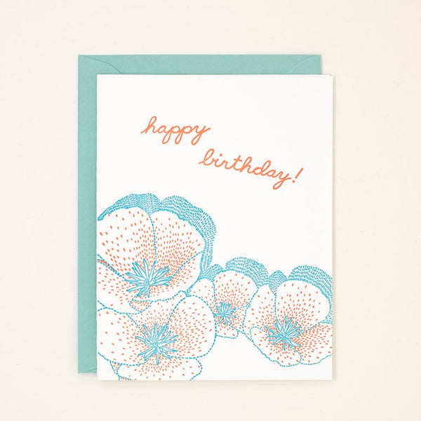 Birthday Poppies Letterpress Card - made without electricity or paper, sustainable
