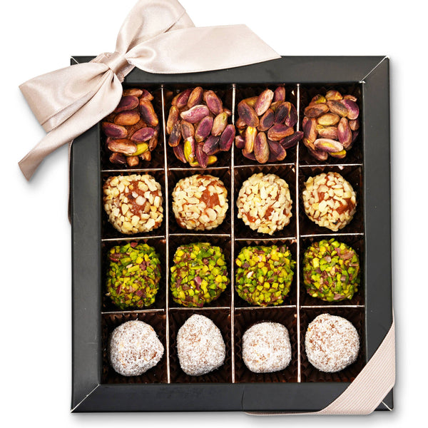 Andy Anand sugar-free date truffles 16-piece box with pistachio, hazelnut, and coconut coatings