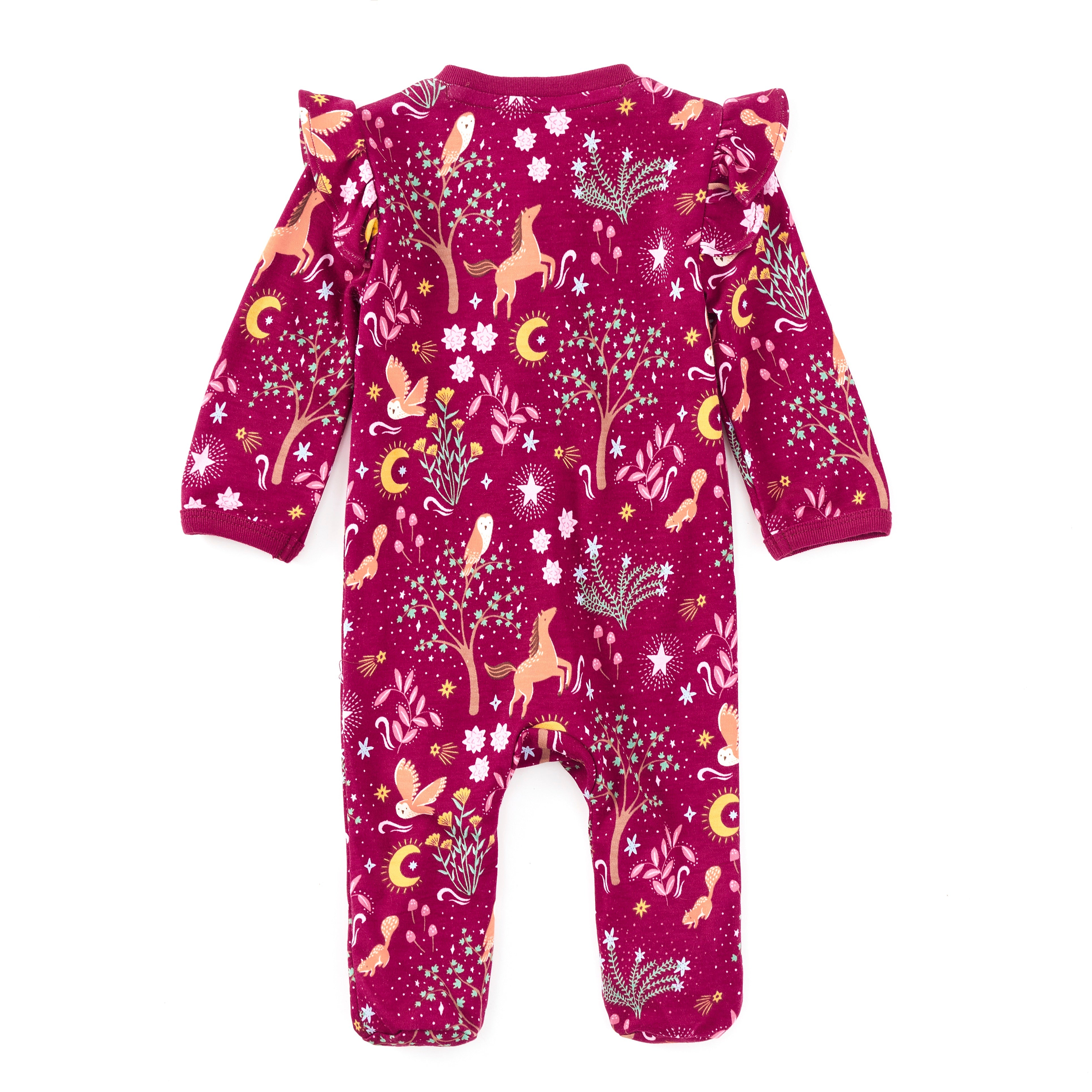Woodland Dreams zip footie laid flat showing built-in footies, foldover sleeve cuffs, and enchanted floral print