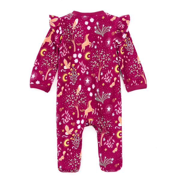 Woodland Dreams zip footie laid flat showing built-in footies, foldover sleeve cuffs, and enchanted floral print