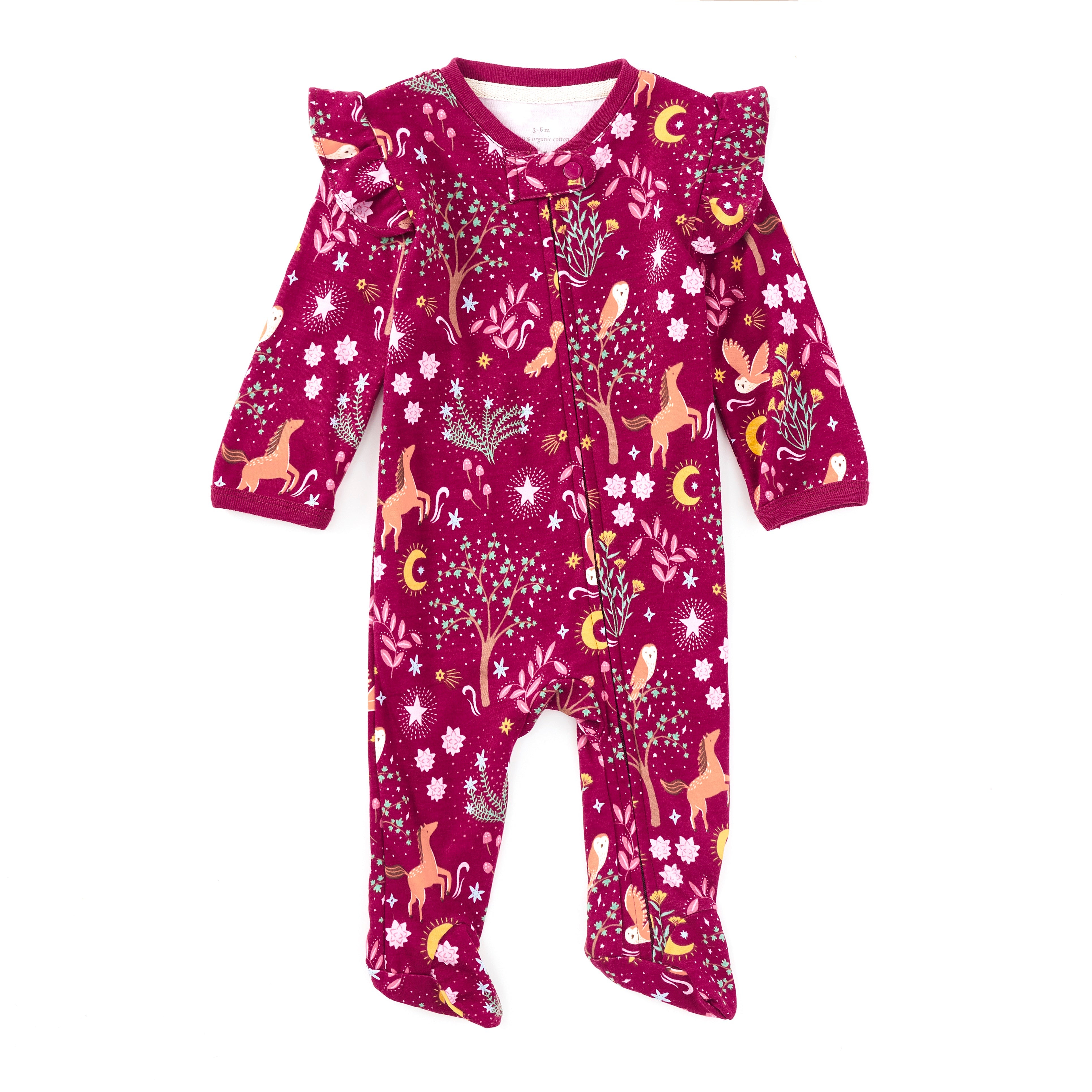 Woodland Dreams bamboo blend ruffle zip footie for babies with all-over horse and owl print, front view