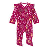 Woodland Dreams bamboo blend ruffle zip footie for babies with all-over horse and owl print, front view