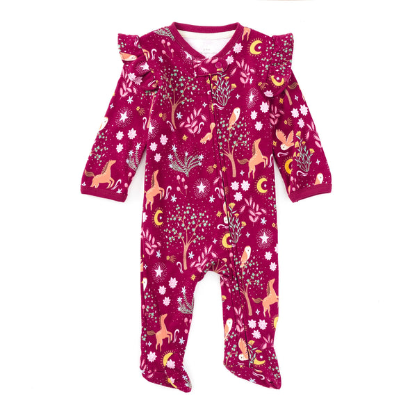 Woodland Dreams bamboo blend ruffle zip footie for babies with all-over horse and owl print, front view