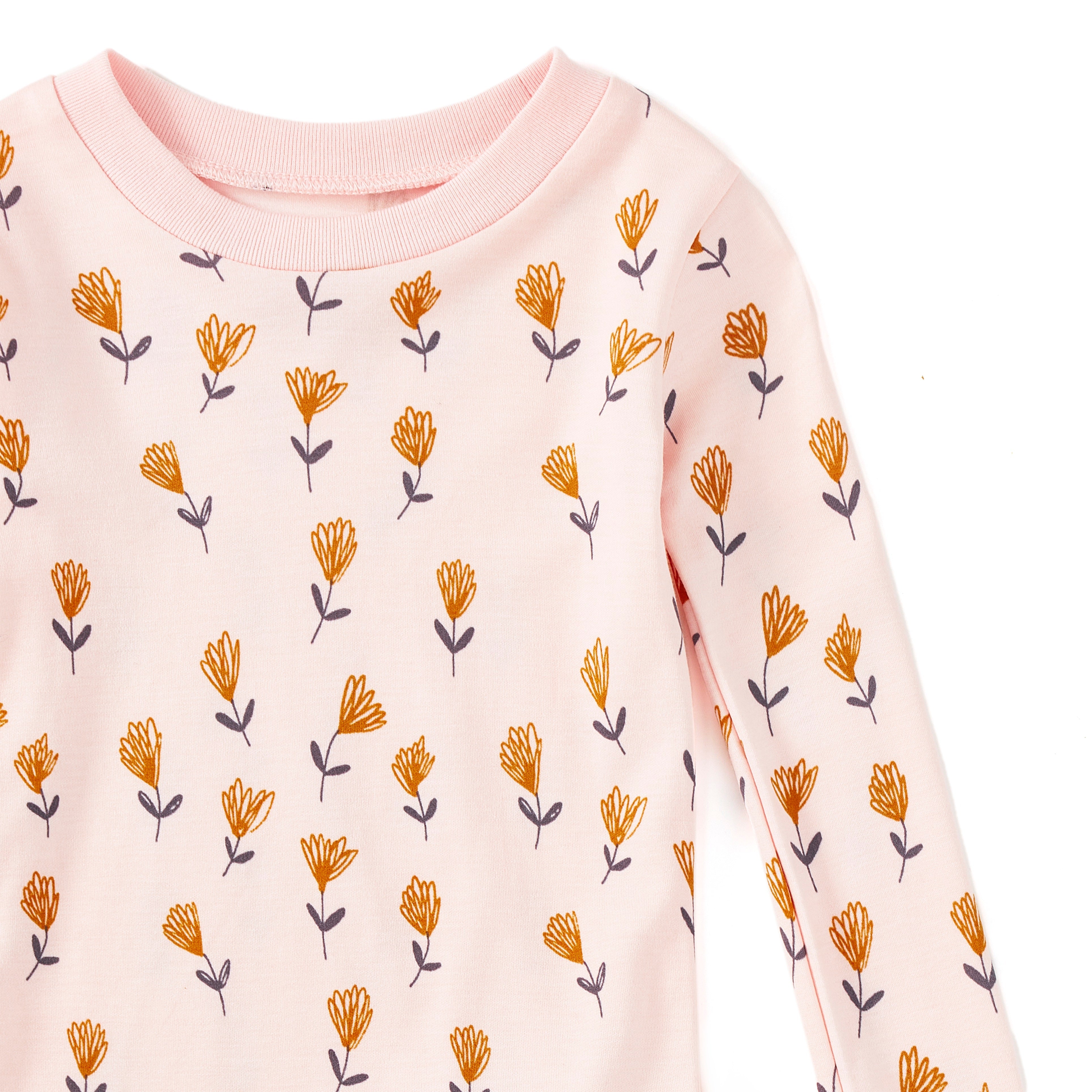 Apple Park Wild at Heart two-piece bamboo organic cotton pajamas for kids — floral print close-up