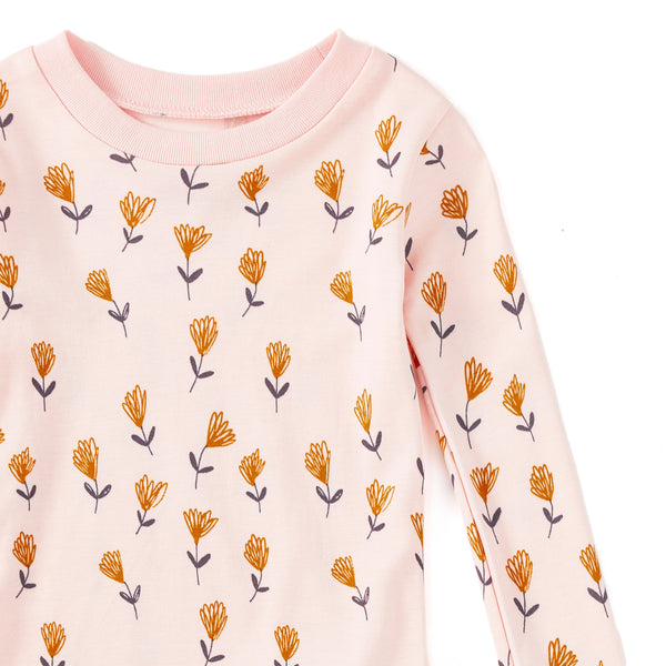 Apple Park Wild at Heart two-piece bamboo organic cotton pajamas for kids — floral print close-up