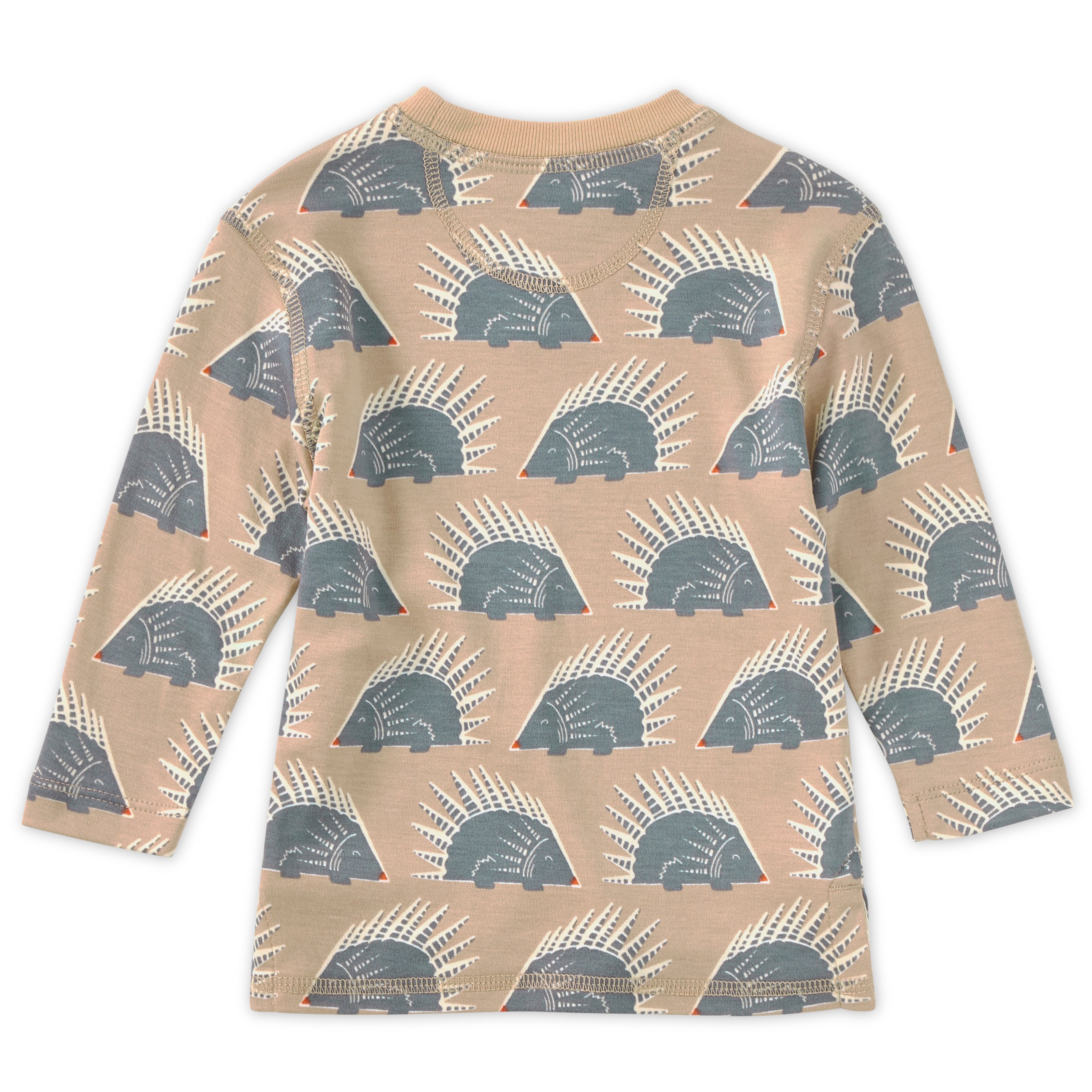 Close-up detail of Chill Quill bamboo blend crewneck shirt showing all-over woodland squirrel print and ribbed neckline