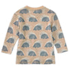 Close-up detail of Chill Quill bamboo blend crewneck shirt showing all-over woodland squirrel print and ribbed neckline
