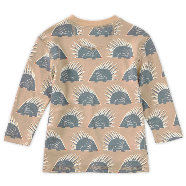 Close-up detail of Chill Quill bamboo blend crewneck shirt showing all-over woodland squirrel print and ribbed neckline