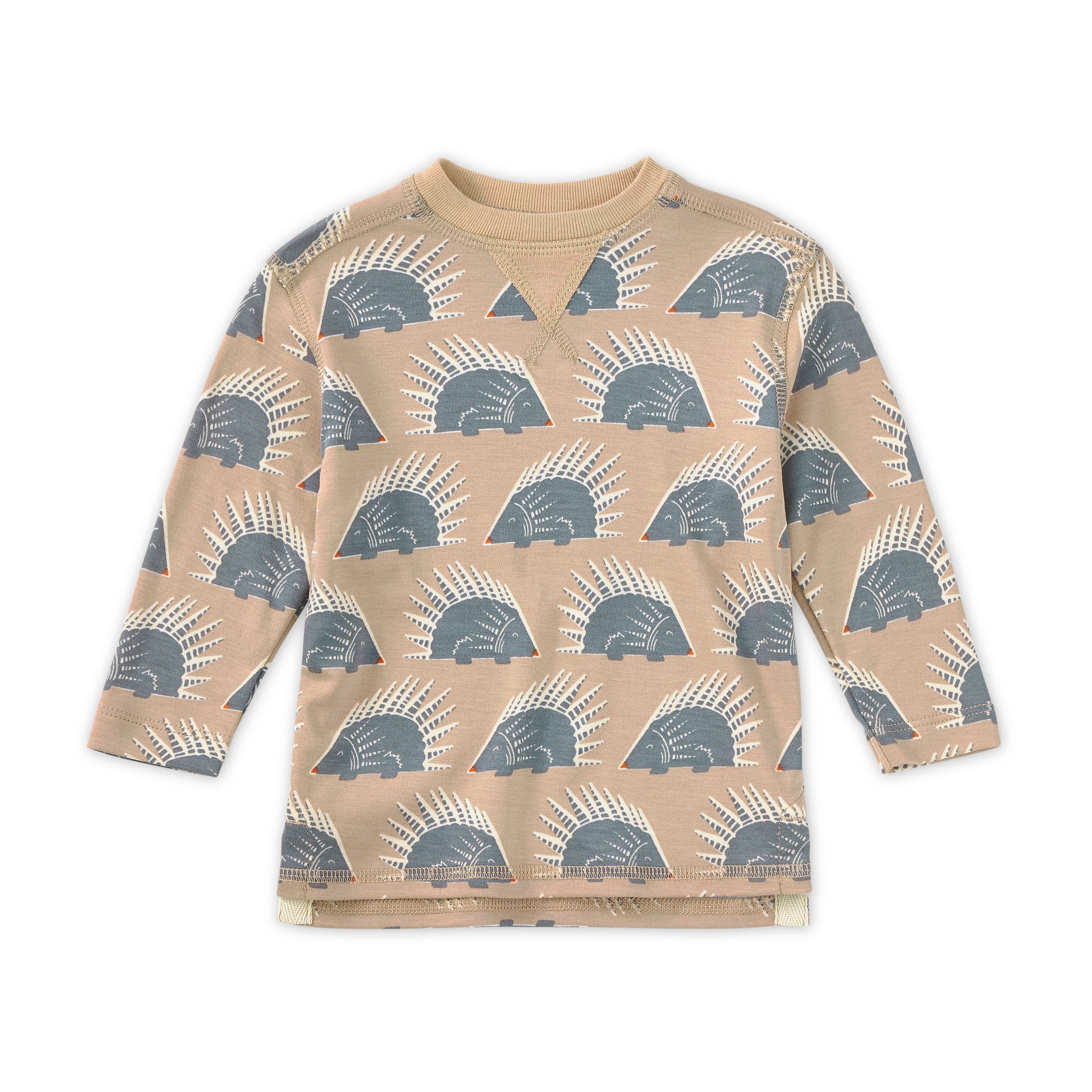 Chill Quill kids' long sleeve bamboo blend crewneck shirt with woodland squirrel all-over print in earthy tones, front view