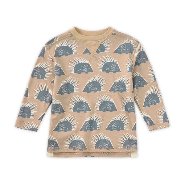 Chill Quill kids' long sleeve bamboo blend crewneck shirt with woodland squirrel all-over print in earthy tones, front view