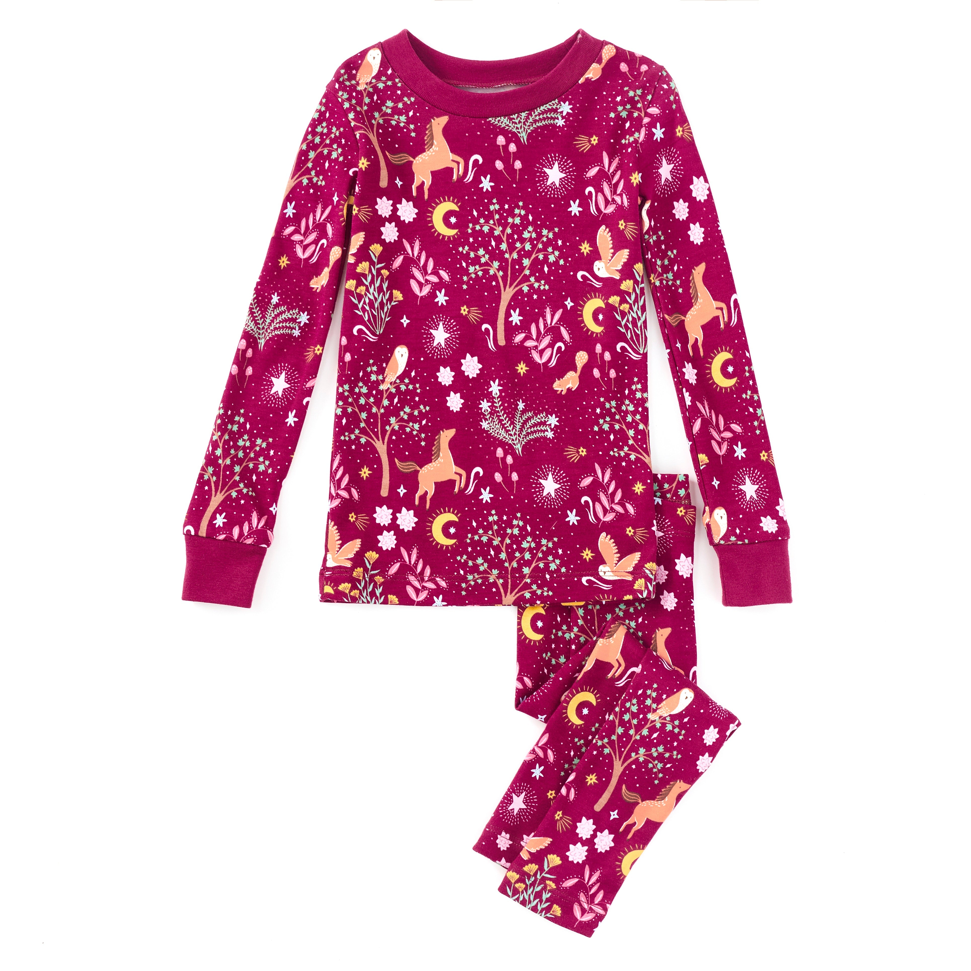 Apple Park Woodland Dreams bamboo blend kids pajamas laid flat, two-piece set with long-sleeve top and pants in whimsical woodland print