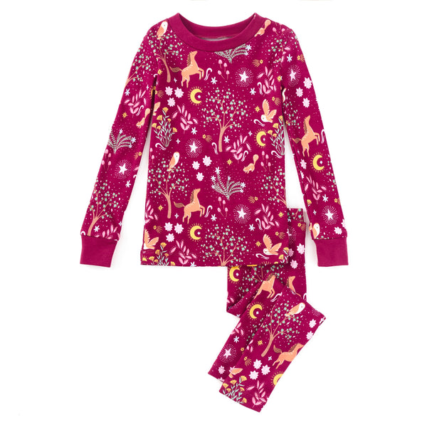 Apple Park Woodland Dreams bamboo blend kids pajamas laid flat, two-piece set with long-sleeve top and pants in whimsical woodland print