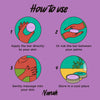 Instructions on how to use a product with illustrations and text on a purple background. NANAH Lavender Vanilla body cream bar — shea butter, vitamin E & lavender extract. Calming, anti-inflammatory & baby-safe. Replaces 2 bottles. Perfect gift. Shop now.