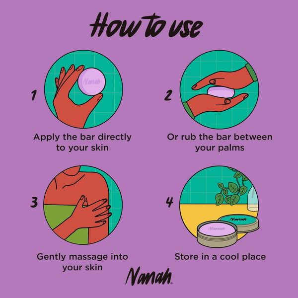 Instructions on how to use a product with illustrations and text on a purple background. NANAH Lavender Vanilla body cream bar — shea butter, vitamin E & lavender extract. Calming, anti-inflammatory & baby-safe. Replaces 2 bottles. Perfect gift. Shop now.