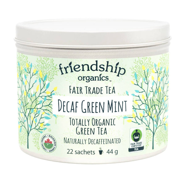 Decaf Green Mint Tea flat lay with fresh mint leaves and plastic-free tea sachets