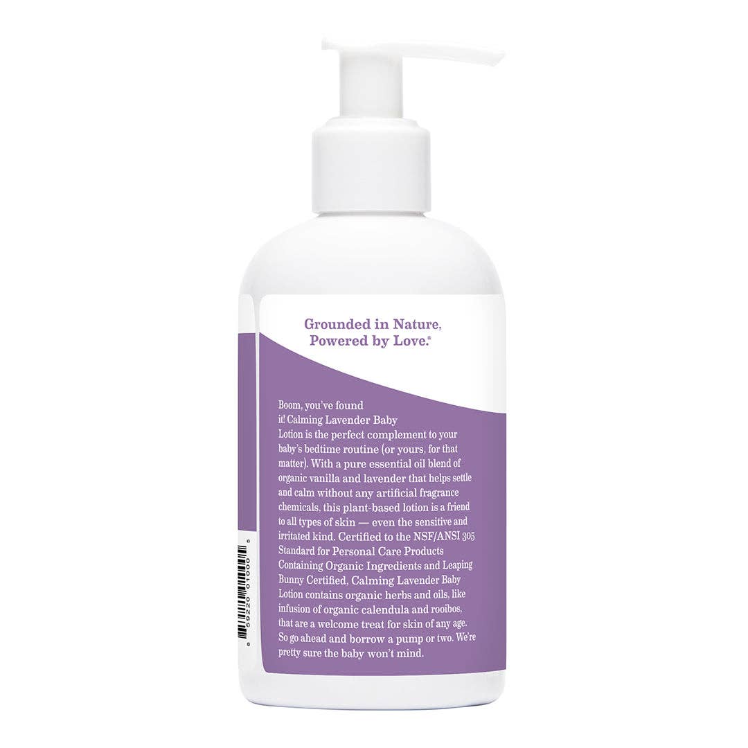 Earth Mama Organics baby lotion NSF certified organic and Leaping Bunny cruelty-free label detail