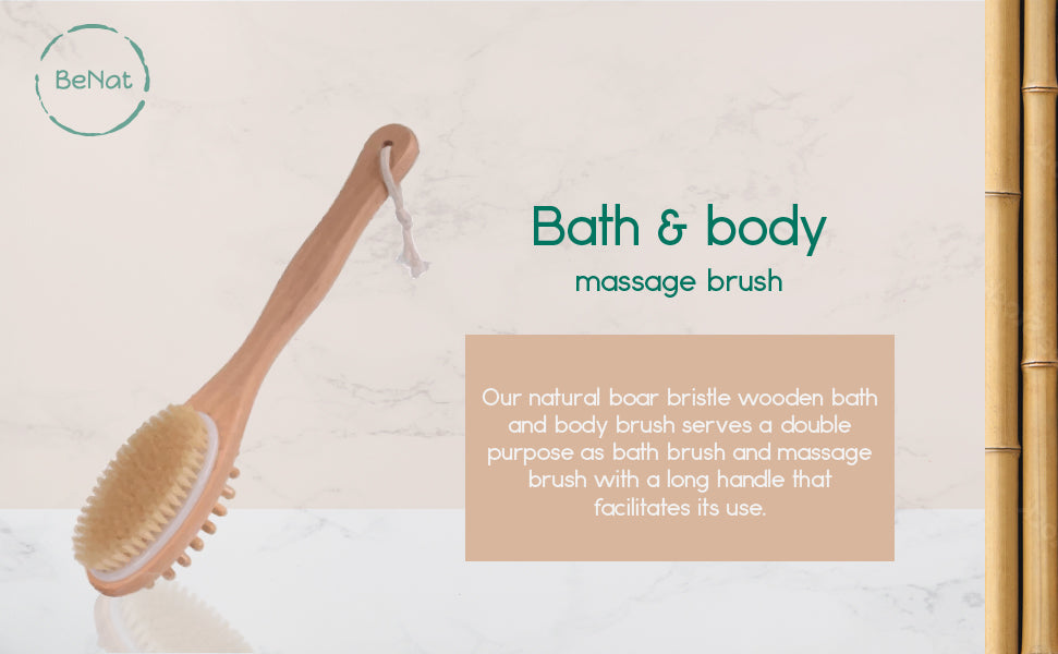 Close-up of natural boar bristles on BeNat wooden bath and body brush