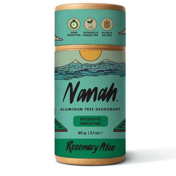 Green deodorant container with 'Nanah' branding on a white background. NANAH Rosemary natural deodorant — aluminum-free, 24-hour protection for excessive sweating. Magnesium, zinc ricinoleate & rosemary oil. Plastic-free. Shop now.