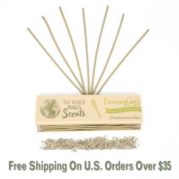 Box of Lemongrass incense sticks with promotional text on a white background
