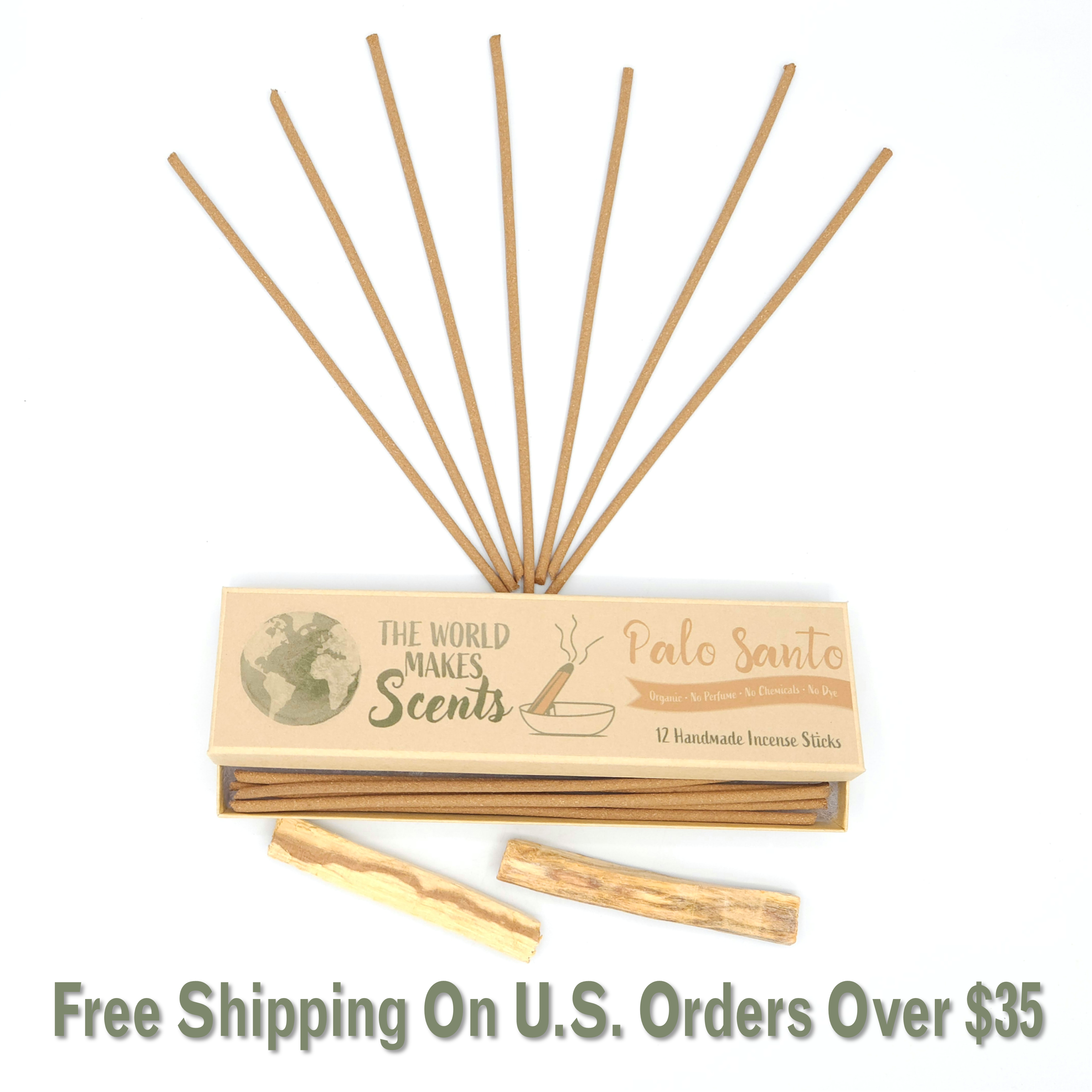 Incense sticks with packaging labeled 'The World Makes Scents' on a white background.