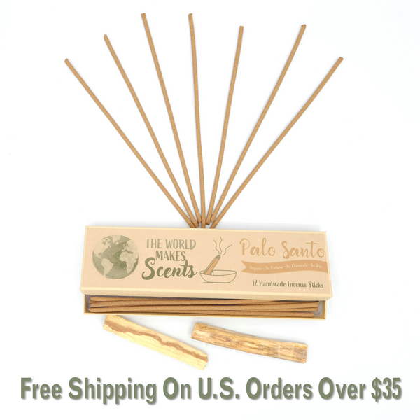 Incense sticks with packaging labeled 'The World Makes Scents' on a white background.