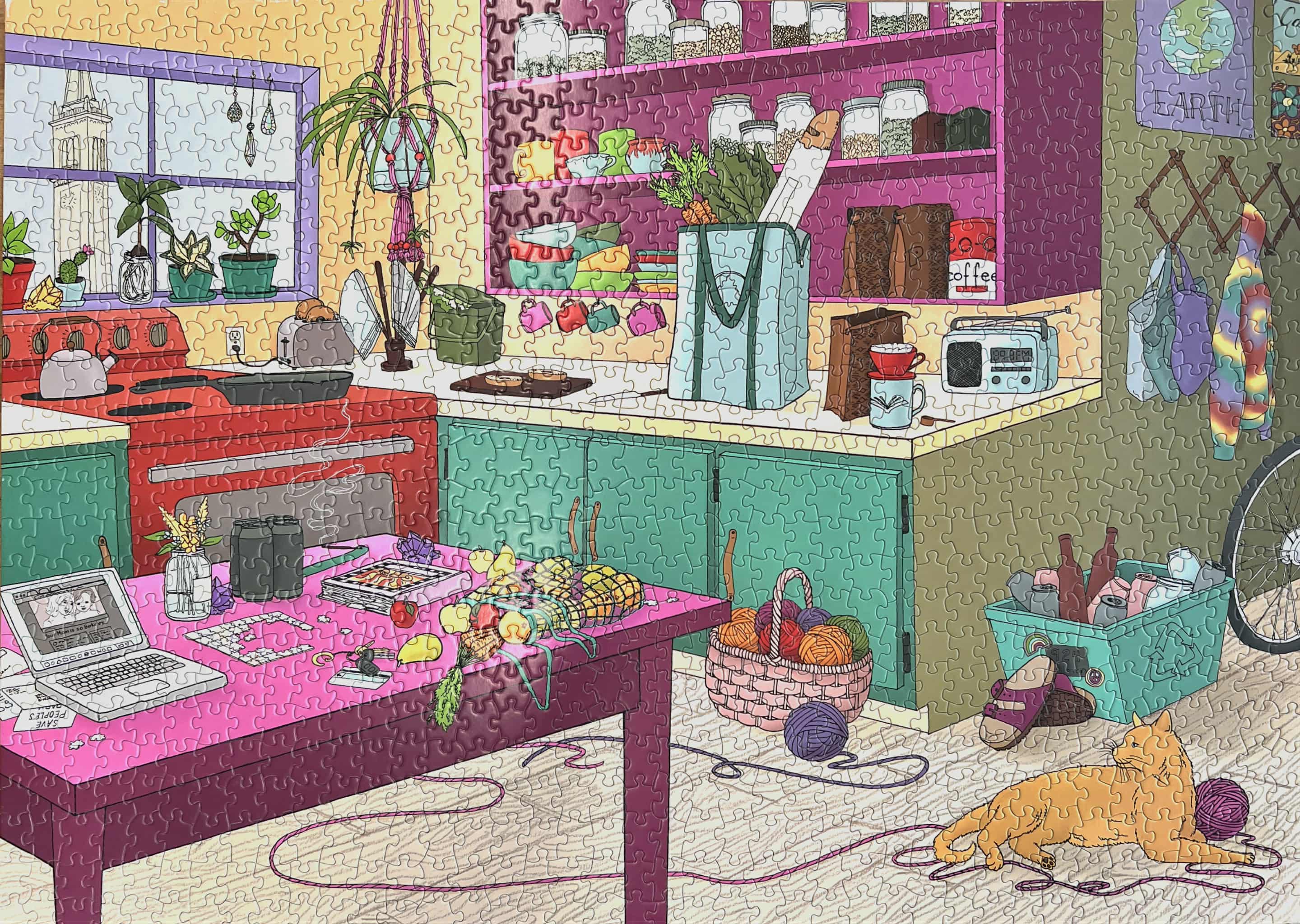 Completed Your Mom Is So Berkeley puzzle showing a colorful Berkeley mom's kitchen full of local easter eggs