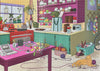 Completed Your Mom Is So Berkeley puzzle showing a colorful Berkeley mom's kitchen full of local easter eggs