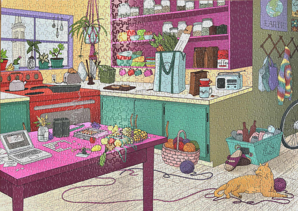 Completed Your Mom Is So Berkeley puzzle showing a colorful Berkeley mom's kitchen full of local easter eggs