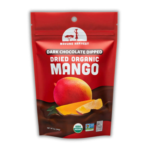 A package of Mavuno Harvest dark chocolate dipped dried organic mango. The packaging is red with an image of a mango and the chocolate dip visible.