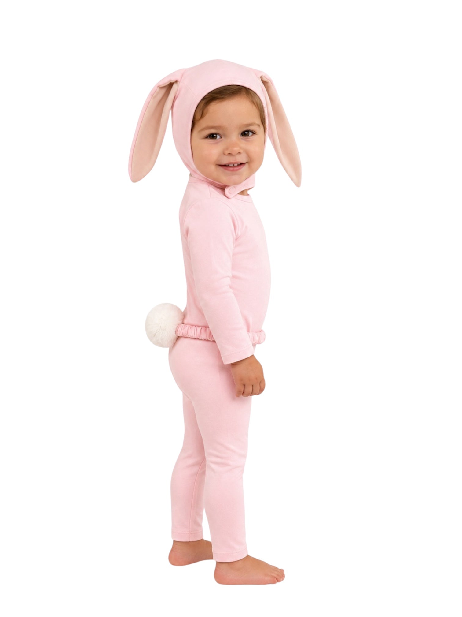 Baby wearing the Baby Pink Bunny Costume with lop-eared bonnet and faux-fur tail