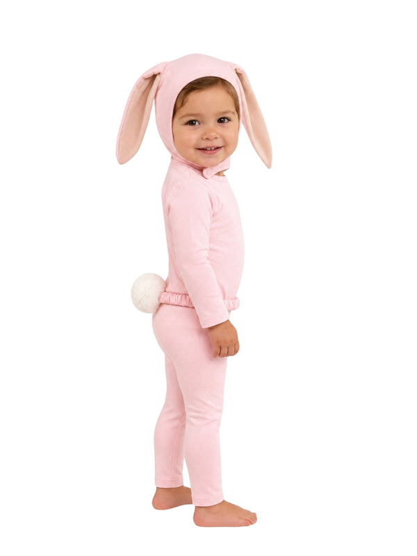 Baby wearing the Baby Pink Bunny Costume with lop-eared bonnet and faux-fur tail