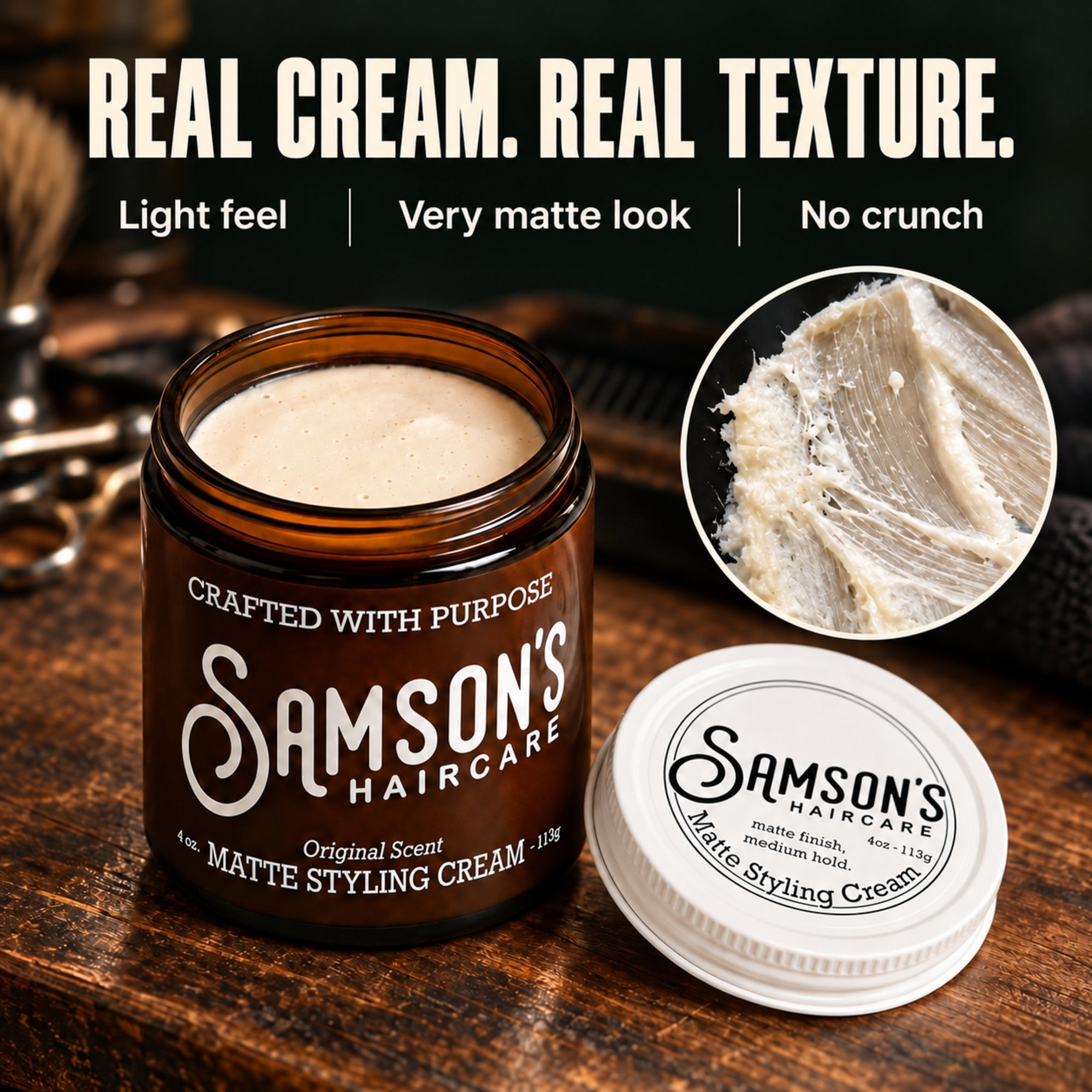 Samson's Matte Styling Cream – Natural Hold, No Shine | 4 oz