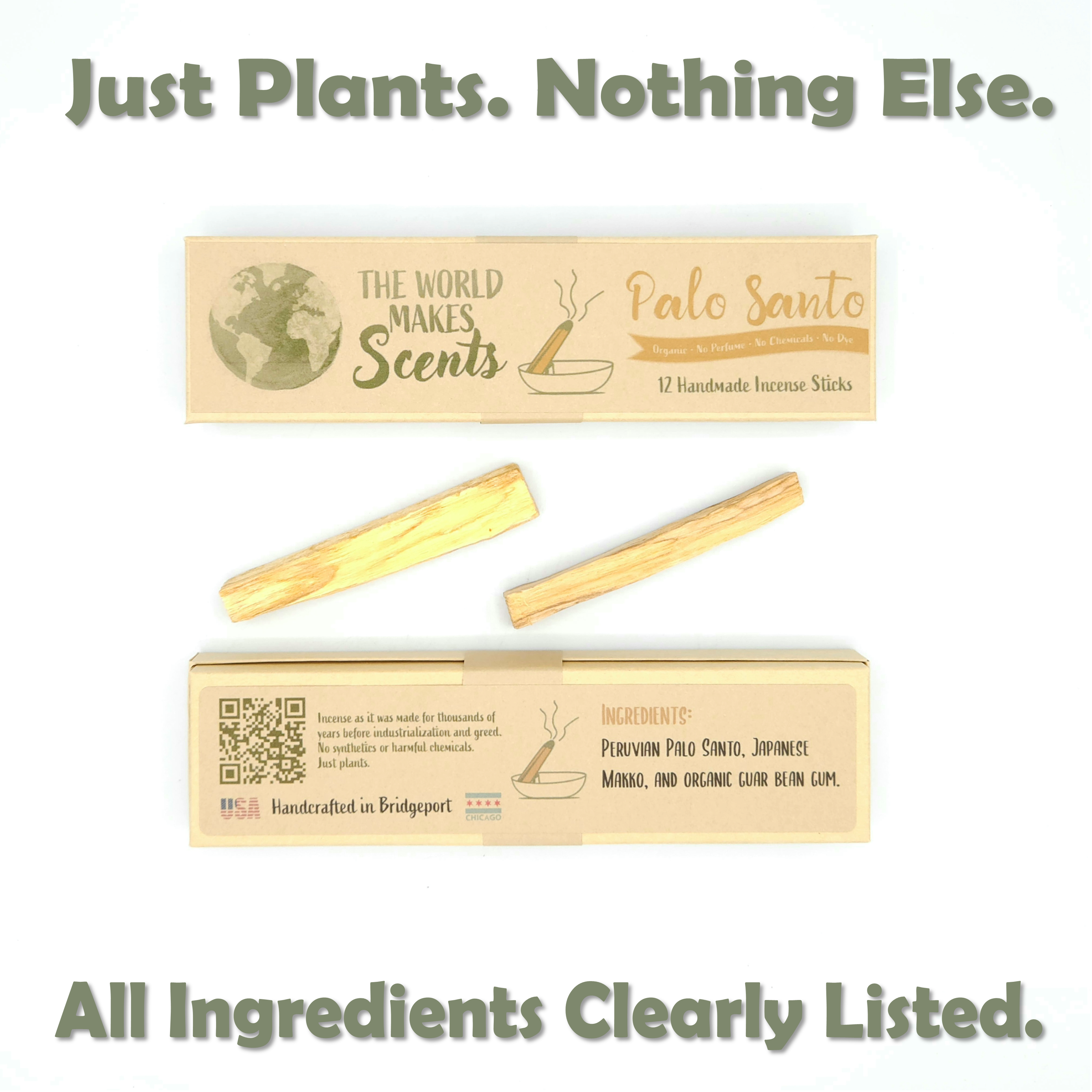 Palo Santo incense sticks with packaging on a white background, featuring text about natural ingredients.