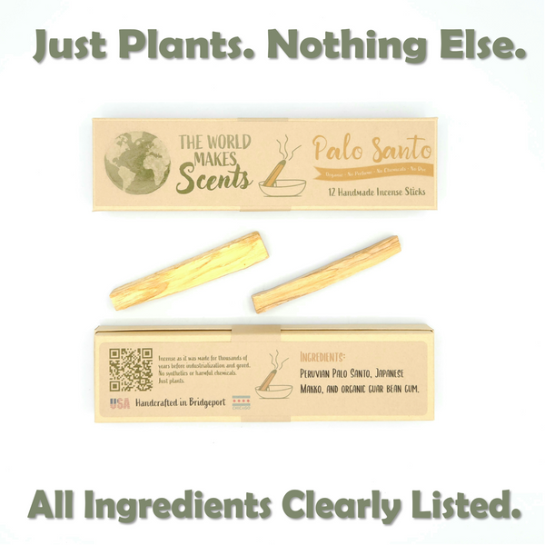 Palo Santo incense sticks with packaging on a white background, featuring text about natural ingredients.