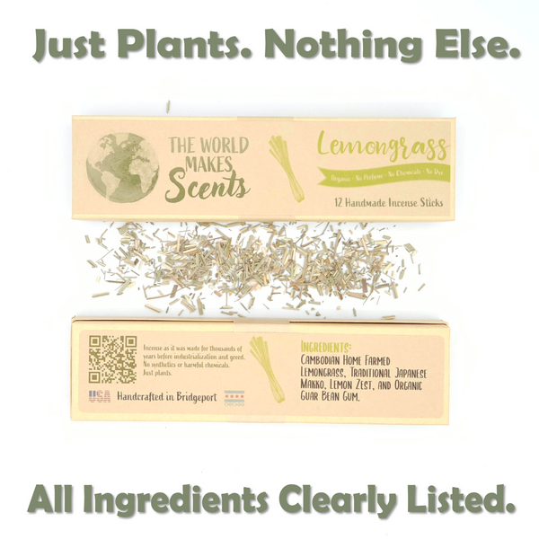Box of Lemongrass incense sticks with 'The World Makes Scents' branding on a white background.