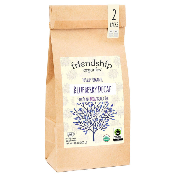 Bag of friendship organics Blueberry Decaf tea on a white background