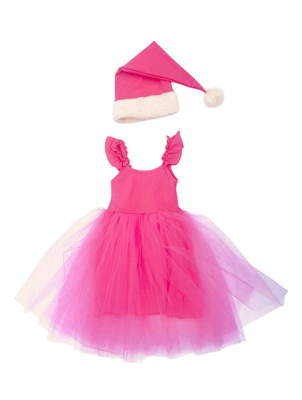 Pink dress with ruffled straps and a matching Santa hat on a white background