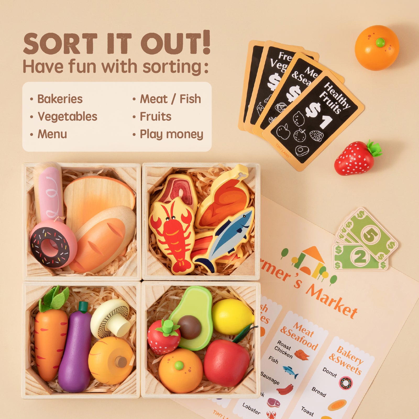 Child-friendly wooden play food for pretend cooking and shopping games