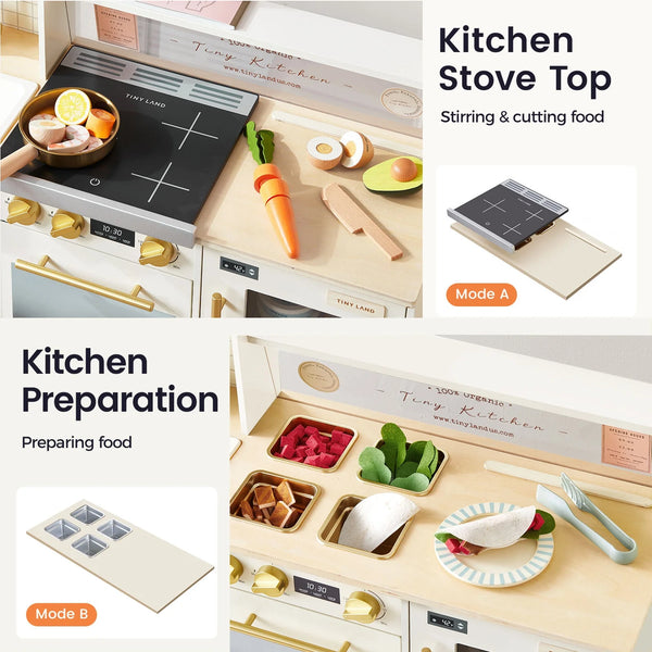 Toy kitchen playset shown in two usage modes: a kitchen stove top with food accessories for stirring and cutting, and a kitchen preparation station with food containers, a plate, and utensils. The set includes a cream-colored play kitchen with gold-tone knobs, a black stovetop, and various colorful play food items.