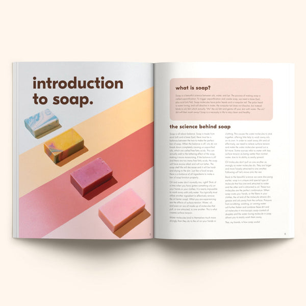 The Bubble Book open to a soap recipe page with step-by-step instructions