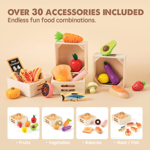 Wooden play food pieces from the Tiny Land play kitchen accessories set