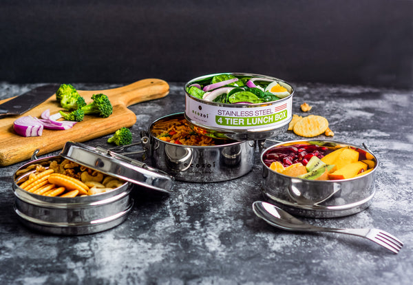 Ecozoi stackable stainless steel lunch box with closed latch closures and leak-proof silicone seals