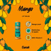 Mango lip balm packaging with illustrations of mangoes on an orange background. NANAH Mango Lip Balm with mango butter, cocoa butter & vitamin E — protects & deeply hydrates dry, chapped lips. Plastic-free & handmade. A perfect fruity gift.