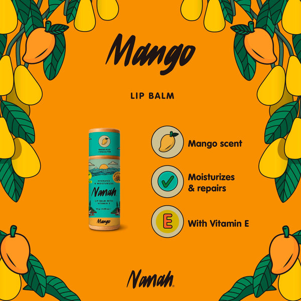 Mango lip balm packaging with illustrations of mangoes on an orange background. NANAH Mango Lip Balm with mango butter, cocoa butter & vitamin E — protects & deeply hydrates dry, chapped lips. Plastic-free & handmade. A perfect fruity gift.