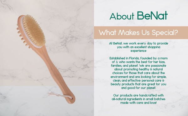 Wooden brush with text about BeNat on a marble background