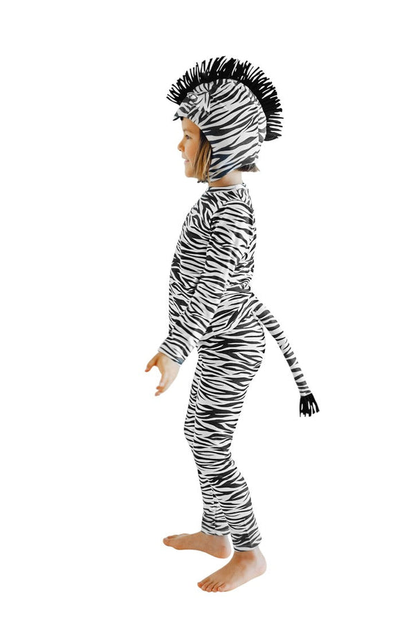 Child wearing a zebra costume with a hood on a white background