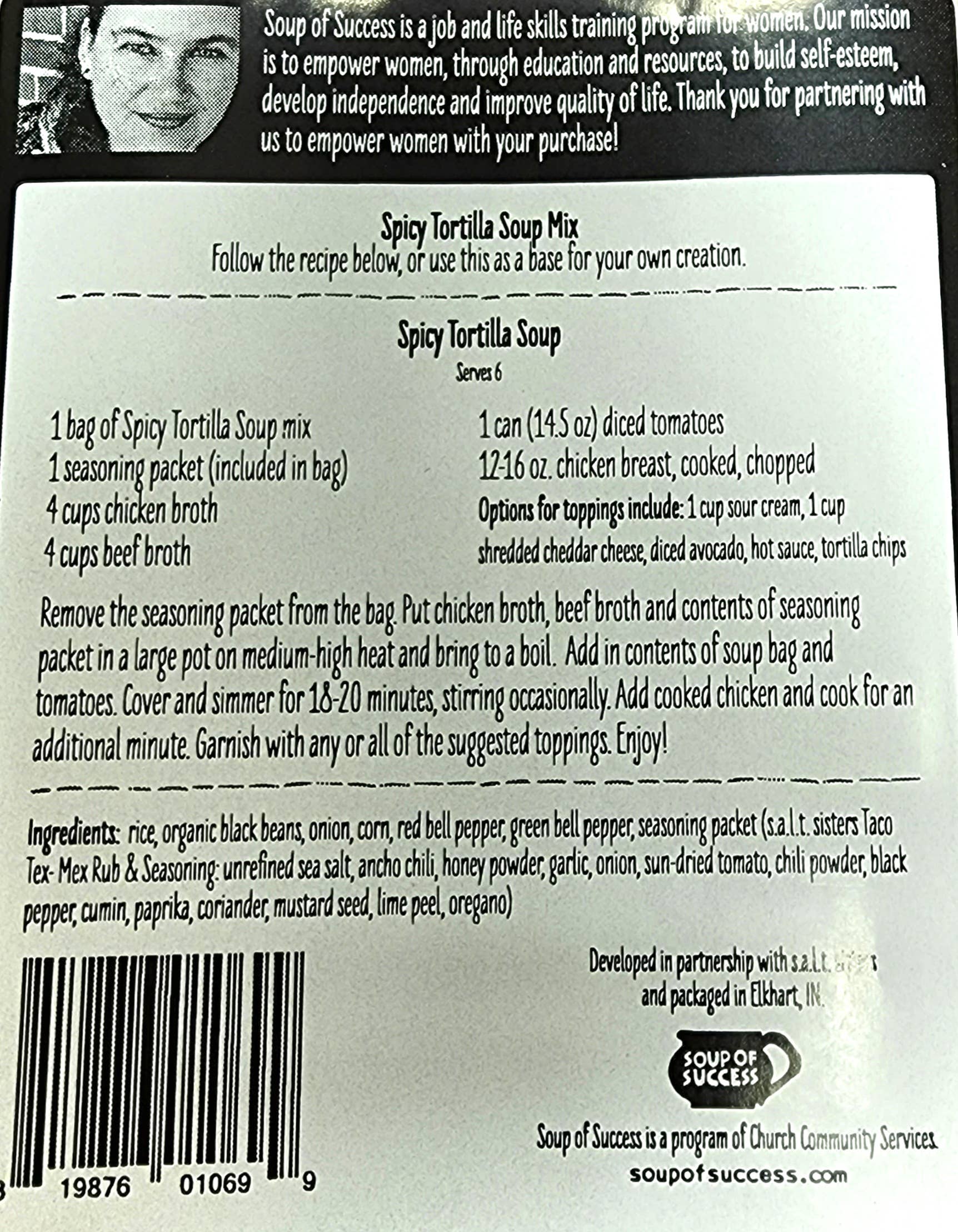 Spicy Tortilla Soup Mix package with recipe and branding information.
