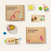 Montessori play box with colorful wooden toys on a white background