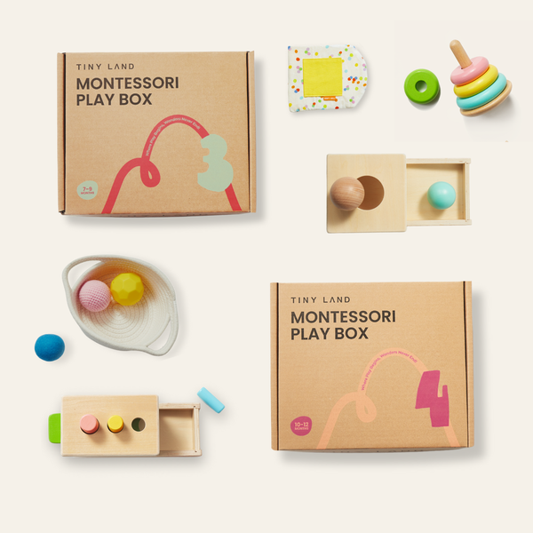 Montessori play box with colorful wooden toys on a white background