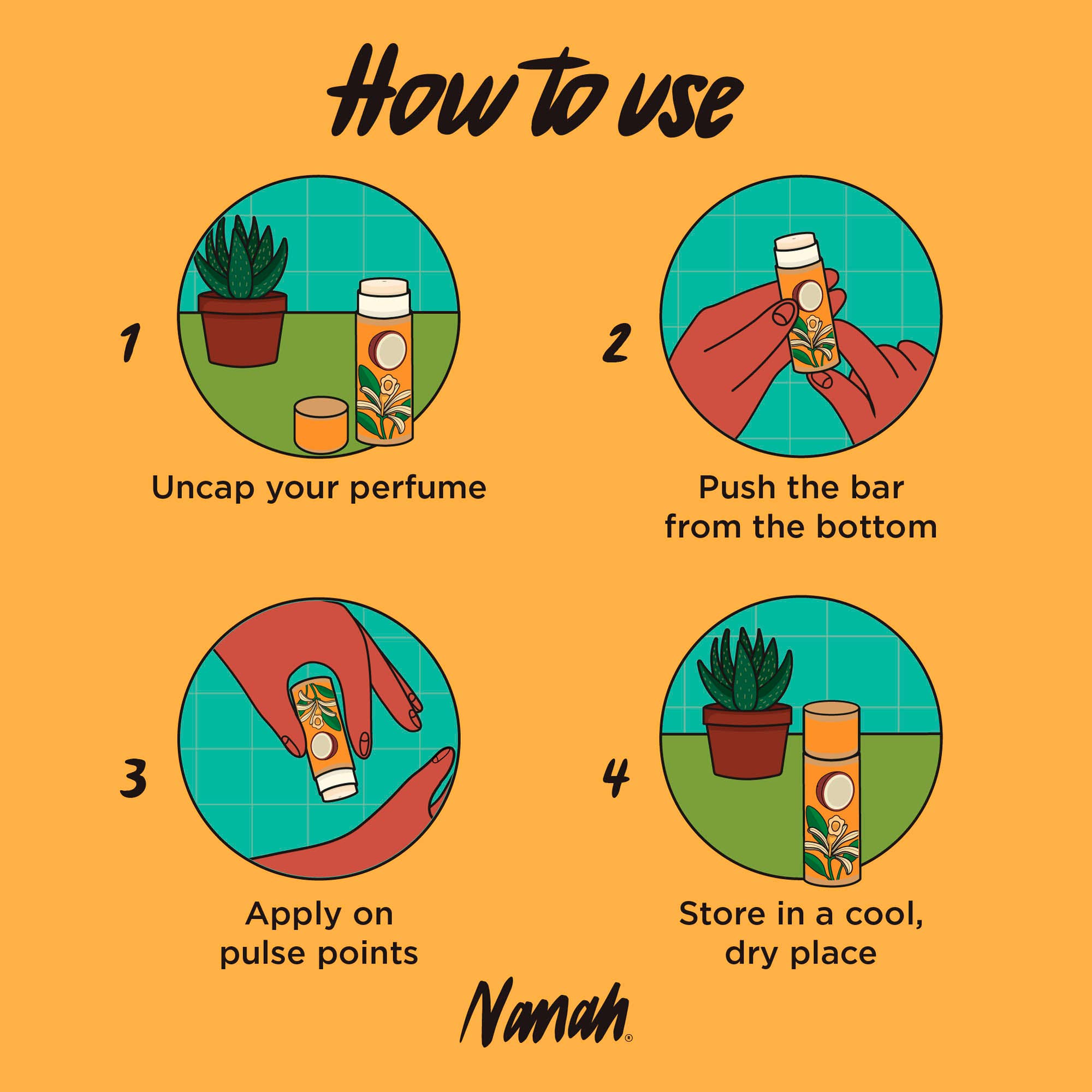 Instructions on how to use a perfume product with illustrations and text on an orange background.